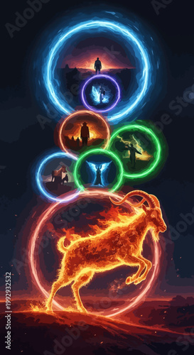 Aries zodiac symbol vector art with fiery ram and celestial portals, representing astrological signs and cosmic energy for mystical concepts.