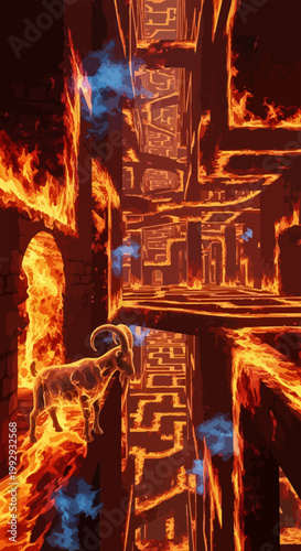 Mythical ram in fiery labyrinth, infernal architecture, hellish landscape, fantasy vector art. Mythical ram navigating treacherous maze, surrounded by flames and smoke.