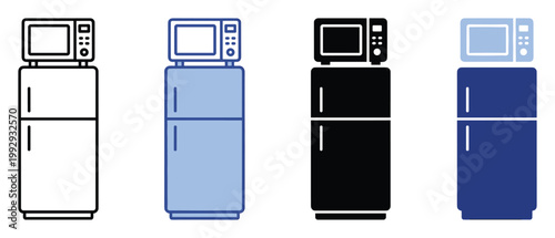 Modern kitchen appliances icon featuring microwave oven stacked on top of a double door refrigerator for web and app graphics