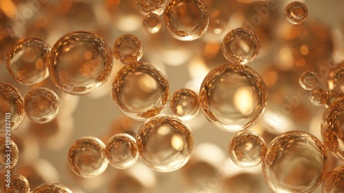Golden liquid bubbles background, macro serum droplets for cosmetic advertising, luxury amber oil spheres with bokeh light effects