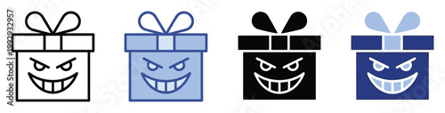 Mischievous gift box icon set with evil grin faces representing surprise and hidden dangers for various digital projects