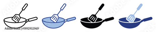 Frying pan and spatula icon set for cooking, kitchen utensil, food preparation, and restaurant applications