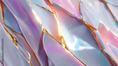 Iridescent liquid silk texture with gold kintsugi cracks, holographic pearlescent fabric background, luxury abstract aesthetic for fashion branding