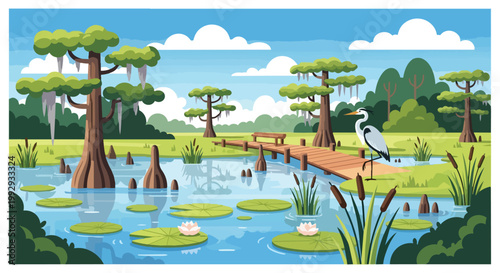Peaceful Wetland Landscape Illustration with Gray Heron, Cypress Trees, and Water Lilies