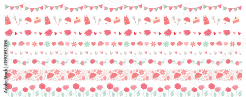 母の日の花やプレゼントアイテムの飾り罫・ライン・フレーム素材_カーネーションの帯、葉や花など