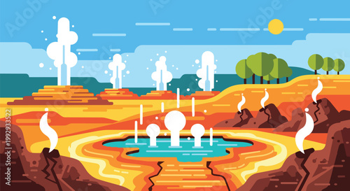 Flat Design Geothermal Landscape Illustration with Erupting Geysers and Hot Spring Pools in Volcanic Valley