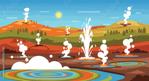 Colorful Vector Illustration of Thermal Geyser Basin with Hot Springs Steam and Mountain Landscape Scene
