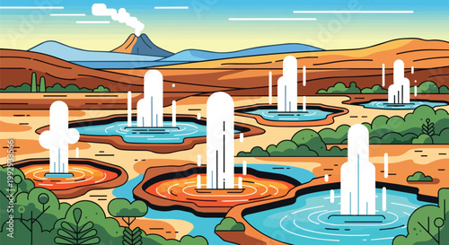 Geothermal Landscape with Erupting Geysers Thermal Hot Springs and Smoking Volcano in Flat Vector Line Art Style