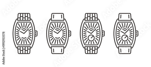 トノー型高級腕時計のラインアイコンセット　メタルとレザーブレスレットのベクター素材
