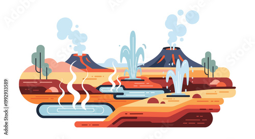 Geothermal Landscape Illustration with Erupting Geysers, Hot Springs, and Smoking Volcanoes in a Modern Flat Design Style
