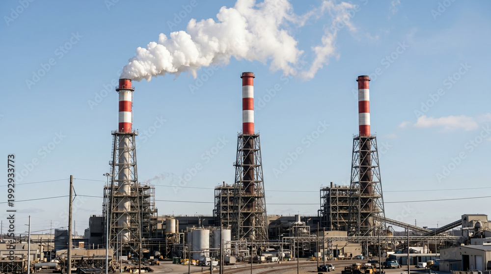 Fototapeta premium Industrial Skyline and Emission: A visual representation of industry's footprint, showcasing smokestacks releasing emissions into the atmosphere, set against a clear blue sky.