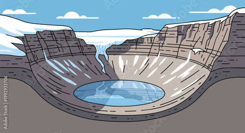 Scenic Vector Illustration of a Crater Lake Surrounded by Snowy Mountain Cliffs and a Waterfall