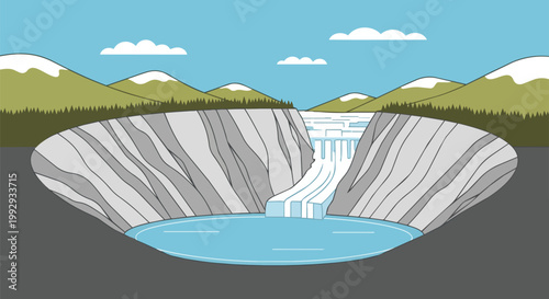 Flat Design Mountain Landscape with Waterfall Cascading into a Deep Crater Lake and Snowy Peaks