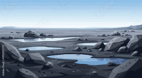 Desolate Rocky Plain Illustration with Puddles, Stones and Blue Sky, Volcanic Arctic Landscape Concept