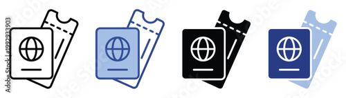 Passport and ticket icon collection symbolizing international travel and immigration for various application interfaces