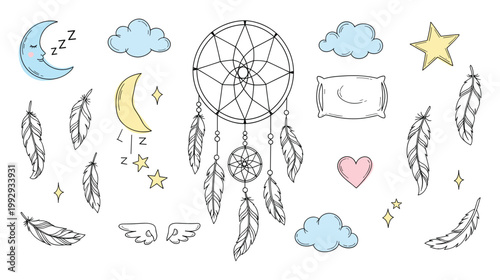 Sweet dreams collection of sleepy moon stars clouds feathers and dream catcher for baby room decoration