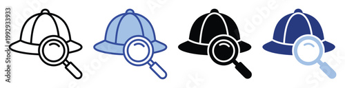 Deerstalker hat and magnifying glass icon set representing investigation and mystery for educational or branding use.