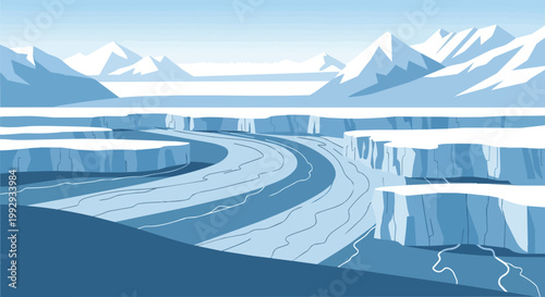 Arctic Glacier Landscape Illustration with Snow Capped Mountains and Ice Cliffs in Blue Monochrome