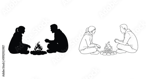 Two pairs of people sitting around a campfire outlined in black and white
