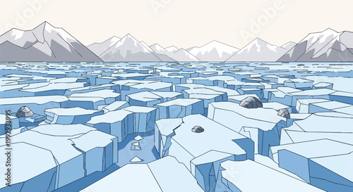 Stylized Vector Illustration of an Arctic Landscape with Cracked Ice Floes and Snow Capped Mountains Under a Pale Sky