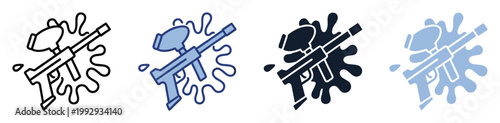 Modern paintball gun and splat graphic collection for active sport promotions, gaming apps, and adventure related content