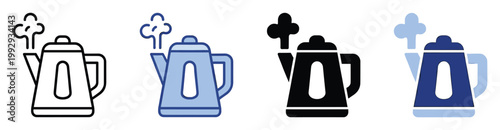 Steaming kettle icons for hot beverage preparation, perfect for kitchen appliance displays and culinary designs.