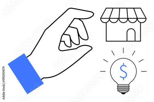 Business ideas, startup funding, entrepreneurship, investment opportunities, innovation, retail development. Hand gesturing near a storefront and lightbulb with dollar sign. Business ideas