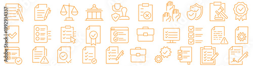 Legal and compliance icon set. Law, audit, data privacy, policy governance, regulatory, regulations icons. Thin line editable stroke vector illustrations.