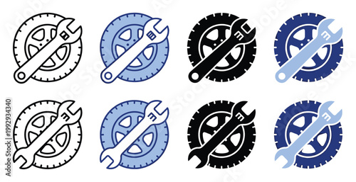 Automotive wheel and wrench service icons for vehicle maintenance and tire changing solutions