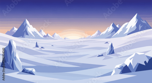 Winter Mountain Landscape Flat Vector Illustration with Snow Peaks and Sunrise Sky