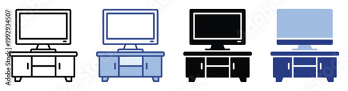Modern computer monitor on a media console in various icon styles for technologythemed applications and digital graphics