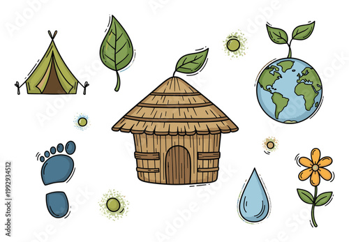 Outdoor adventure and environmental protection icons for sustainable lifestyle concepts and nature exploration applications