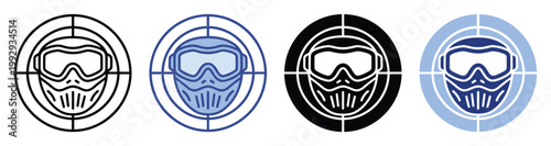 Paintball player protective gear and target scope icon for action sport game applications