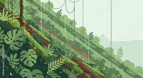 Tropical Rainforest Jungle Foliage Illustration with Monstera Leaves and Lianas in Flat Design Style