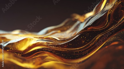 Golden liquid waves with air bubbles, flowing amber oil texture, viscous honey or engine lubricant splash, luxurious abstract fluid background