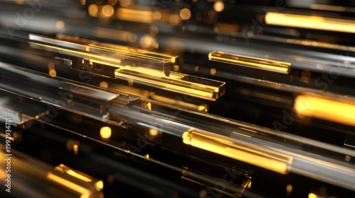 glass bars with golden light, abstract high-tech crystal rods, glowing geometric lines for luxury technology background