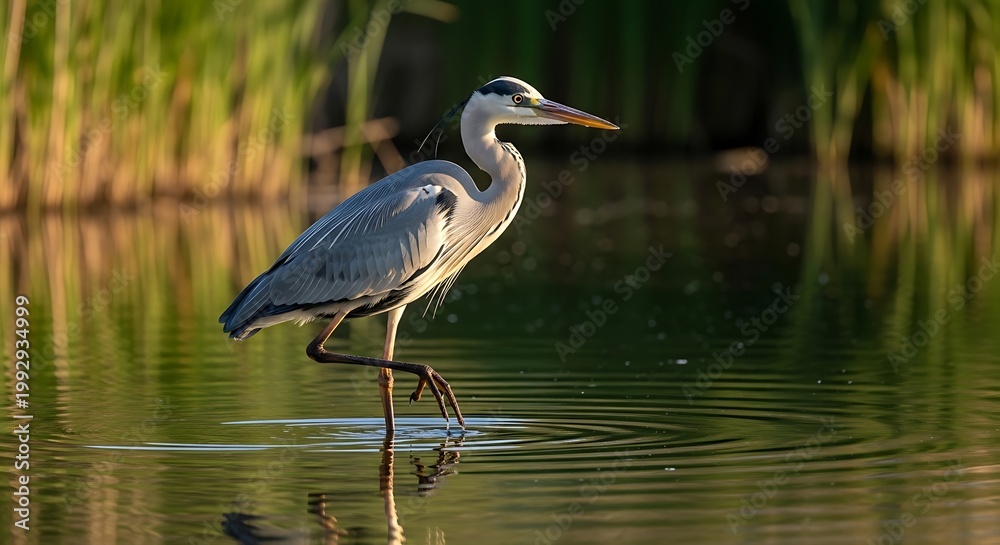 Naklejka premium Elegant heron standing in calm water with green foliage background
