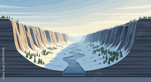 Cross-section illustration of a deep river canyon valley with geological rock layers and pine trees