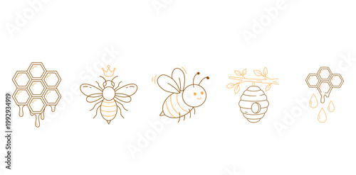 Honey Bee and Honeycomb Icon Set Line Art Illustration