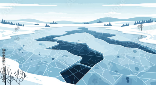Frozen River Landscape with Cracked Ice Floes and Snowy Hills in Winter Illustration