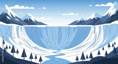 Flat Vector Illustration of a Majestic Arctic Glacier in a Snowy Mountain Valley with Pine Trees