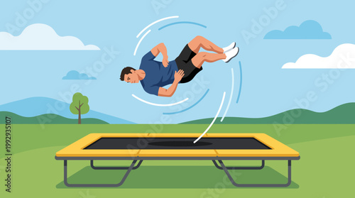 Man jumping on a trampoline outdoors.