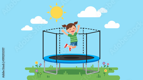 A young girl jumping on trampoline outdoors.