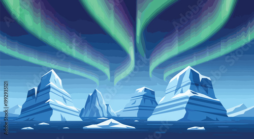 Vibrant Aurora Borealis Glowing Over Arctic Icebergs in a Dark Night Sea Landscape Vector Illustration