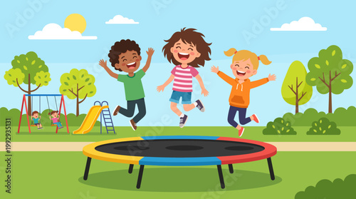 Children playing on a colorful trampoline outdoors.