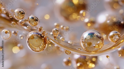 Golden liquid bubbles in macro close up, luxury abstract background with floating amber spheres, elegant metallic oil droplets with bokeh light