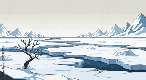 Arctic Winter Landscape with Cracked Ice Field and Snow-Capped Mountains Vector Illustration