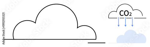 Climate change, carbon emission, environmental impact, greenhouse effect, air pollution, sustainability. A cloud with CO2 arrows pointing downward. Climate change and carbon emission visualization
