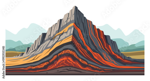 Stylized Geological Mountain Peak with Colorful Layered Rock Strata and Earth Formations Illustration