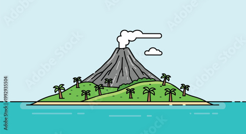 Flat line art illustration of a smoking volcano on a tropical island paradise with palm trees, beach, and ocean under a blue sky